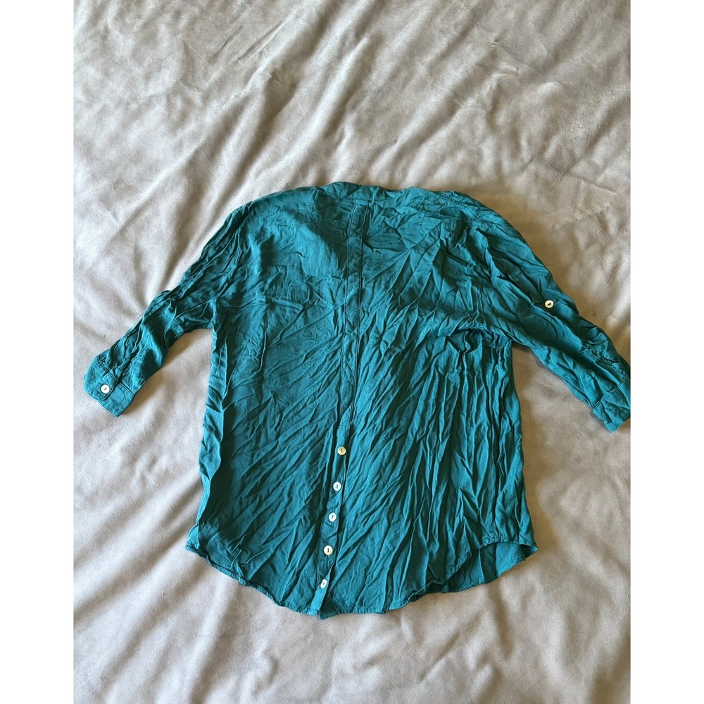 Velvet Heart Teal Green Button Down Roll Tab Sleeve Shirt Womens Medium Pleated - Picture 2 of 3